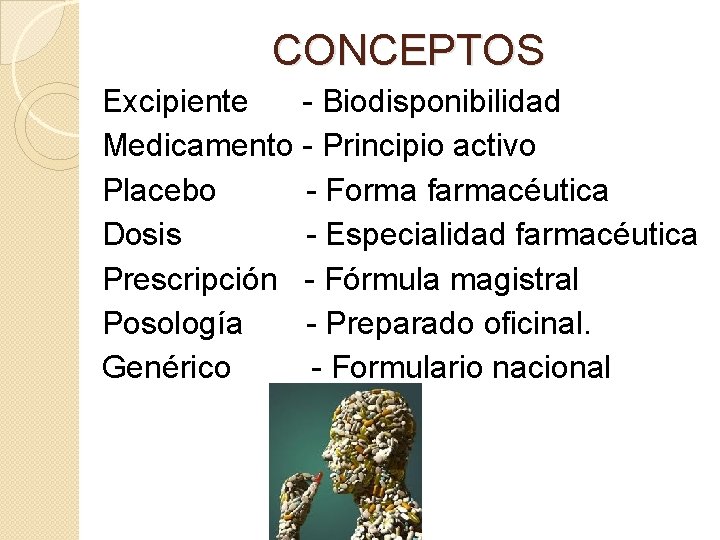 CONCEPTOS Excipiente - Biodisponibilidad Medicamento - Principio activo Placebo - Forma farmacéutica Dosis -