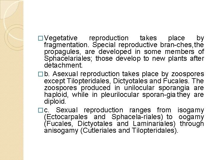 � Vegetative reproduction takes place by fragmentation. Special reproductive bran ches, the propagules, are