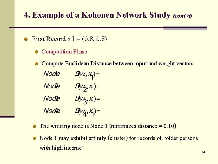 4. Example of a Kohonen Network Study (cont’d) First Record x 1 = (0.