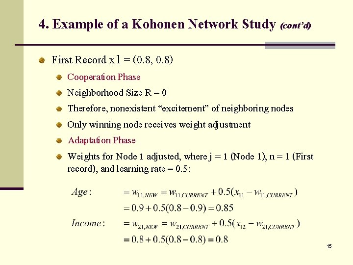 4. Example of a Kohonen Network Study (cont’d) First Record x 1 = (0.