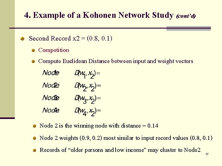 4. Example of a Kohonen Network Study (cont’d) Second Record x 2 = (0.