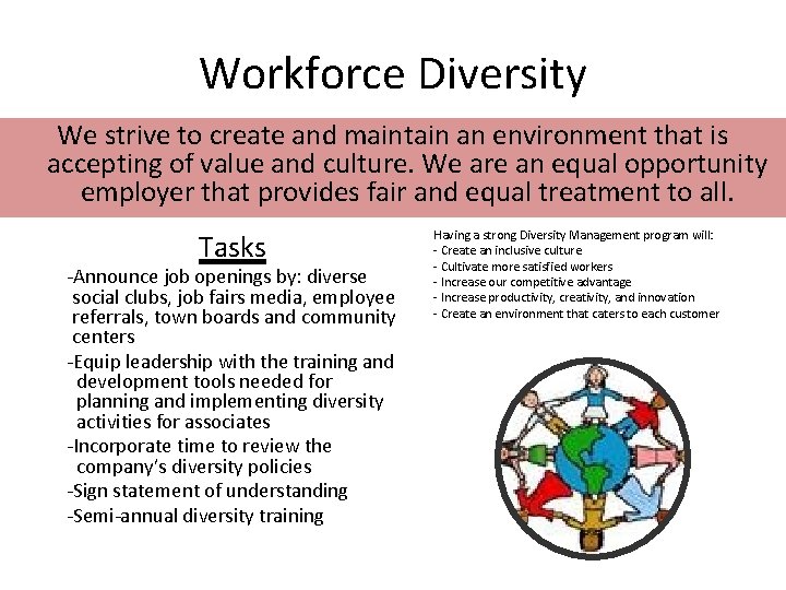 Workforce Diversity We strive to create and maintain an environment that is accepting of
