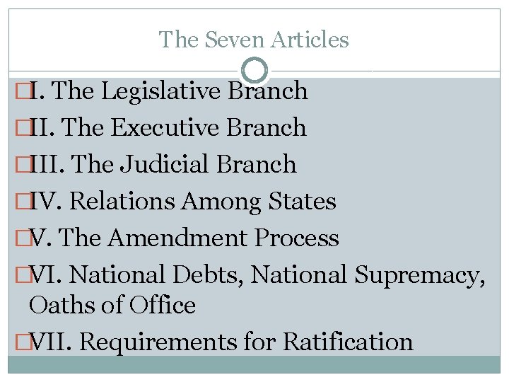 The Seven Articles �I. The Legislative Branch �II. The Executive Branch �III. The Judicial