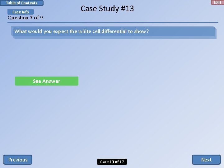 Table of Contents Case Info EXIT Case Study #13 Question 7 of 9 What