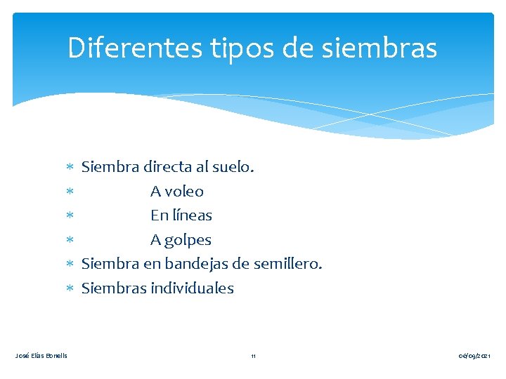 Diferentes tipos de siembras Siembra directa al suelo. A voleo En líneas A golpes