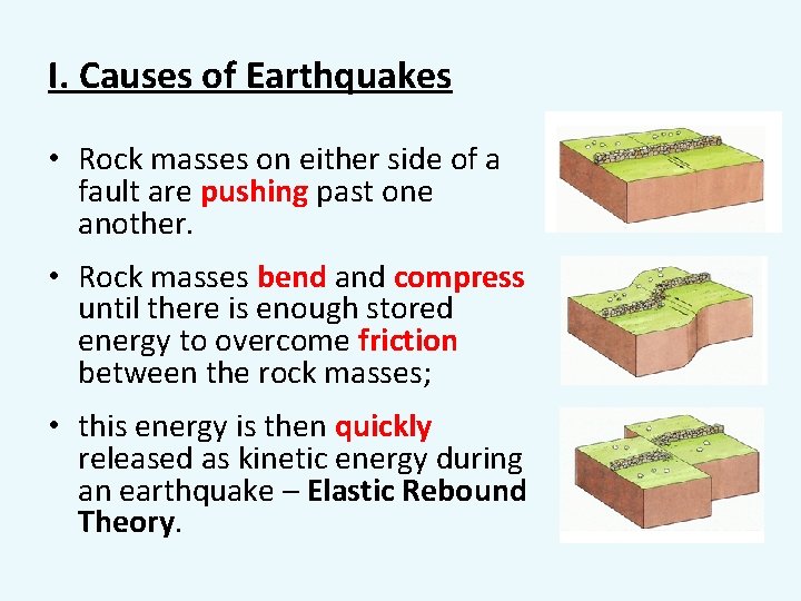 I. Causes of Earthquakes • Rock masses on either side of a fault are