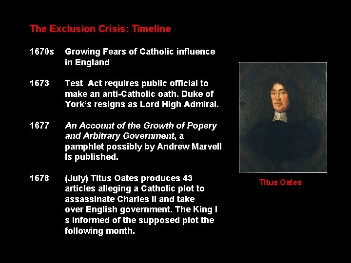 The Exclusion Crisis: Timeline 1670 s Growing Fears of Catholic influence in England 1673