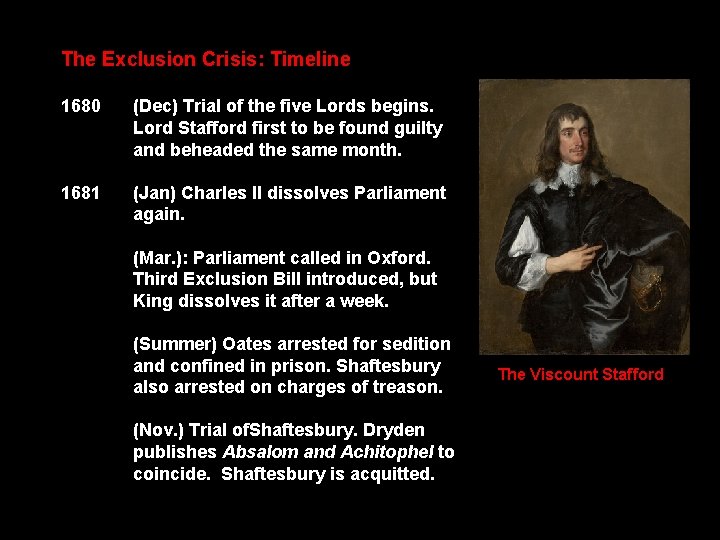 The Exclusion Crisis: Timeline 1680 (Dec) Trial of the five Lords begins. Lord Stafford