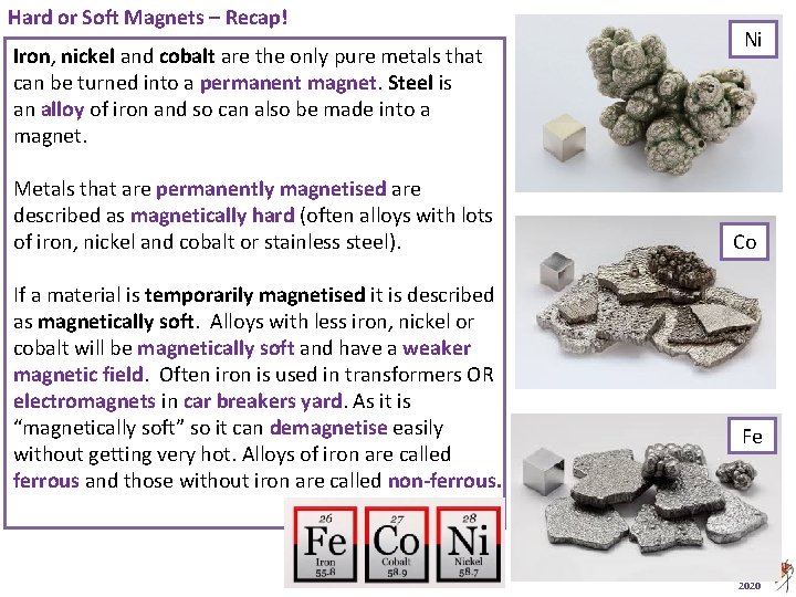 Hard or Soft Magnets – Recap! Iron, nickel and cobalt are the only pure