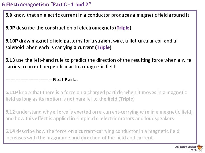 6 Electromagnetism “Part C - 1 and 2” 6. 8 know that an electric