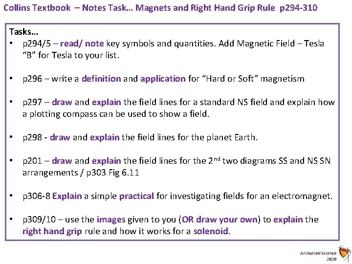 Collins Textbook – Notes Task… Magnets and Right Hand Grip Rule p 294 -310