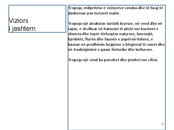 Tropoja, mikpritëse e vizitorëve vendas dhe të huaj të dashuruar pas turizmit malor. Vizioni