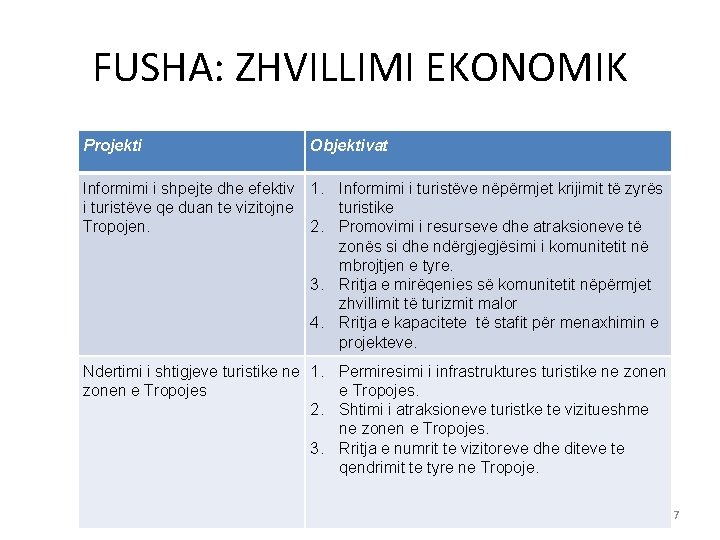 FUSHA: ZHVILLIMI EKONOMIK Projekti Objektivat Informimi i shpejte dhe efektiv 1. Informimi i turistëve