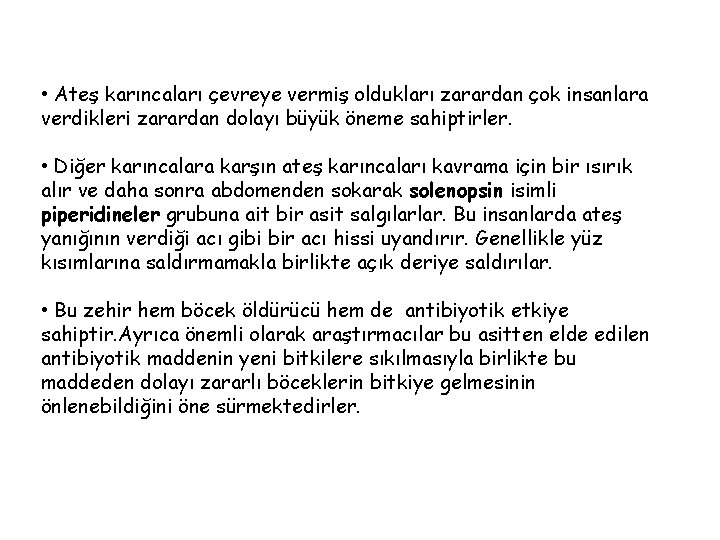  • Ateş karıncaları çevreye vermiş oldukları zarardan çok insanlara verdikleri zarardan dolayı büyük