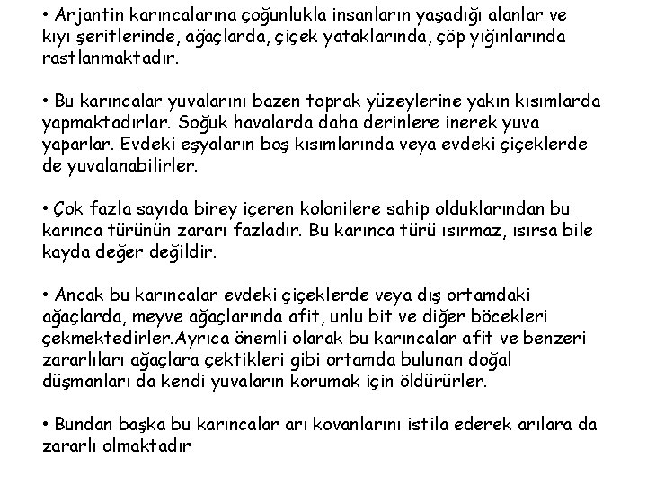  • Arjantin karıncalarına çoğunlukla insanların yaşadığı alanlar ve kıyı şeritlerinde, ağaçlarda, çiçek yataklarında,