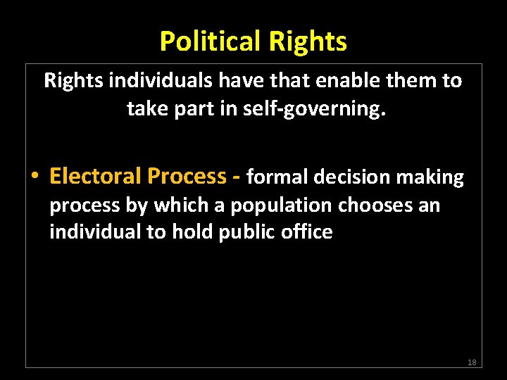 Political Rights individuals have that enable them to take part in self-governing. • Electoral