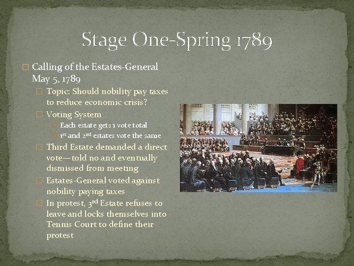 Stage One-Spring 1789 � Calling of the Estates-General May 5, 1789 � Topic: Should