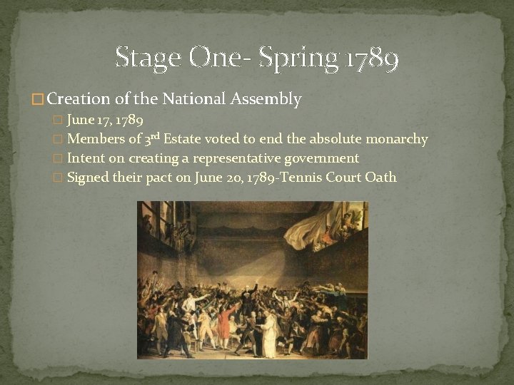Stage One- Spring 1789 � Creation of the National Assembly � June 17, 1789