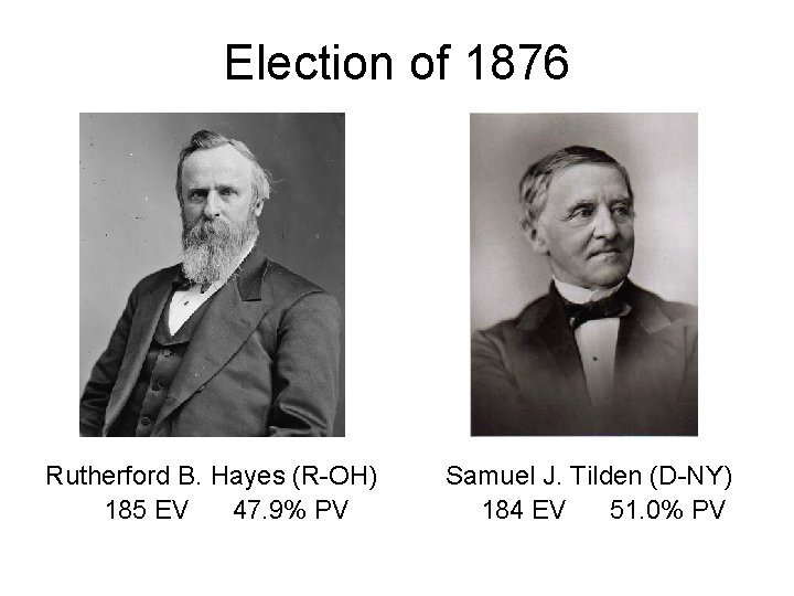 Election of 1876 Rutherford B. Hayes (R-OH) 185 EV 47. 9% PV Samuel J.