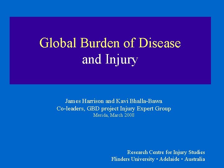 Global Burden of Disease and Injury James Harrison and Kavi Bhalla-Bawa Co-leaders, GBD project