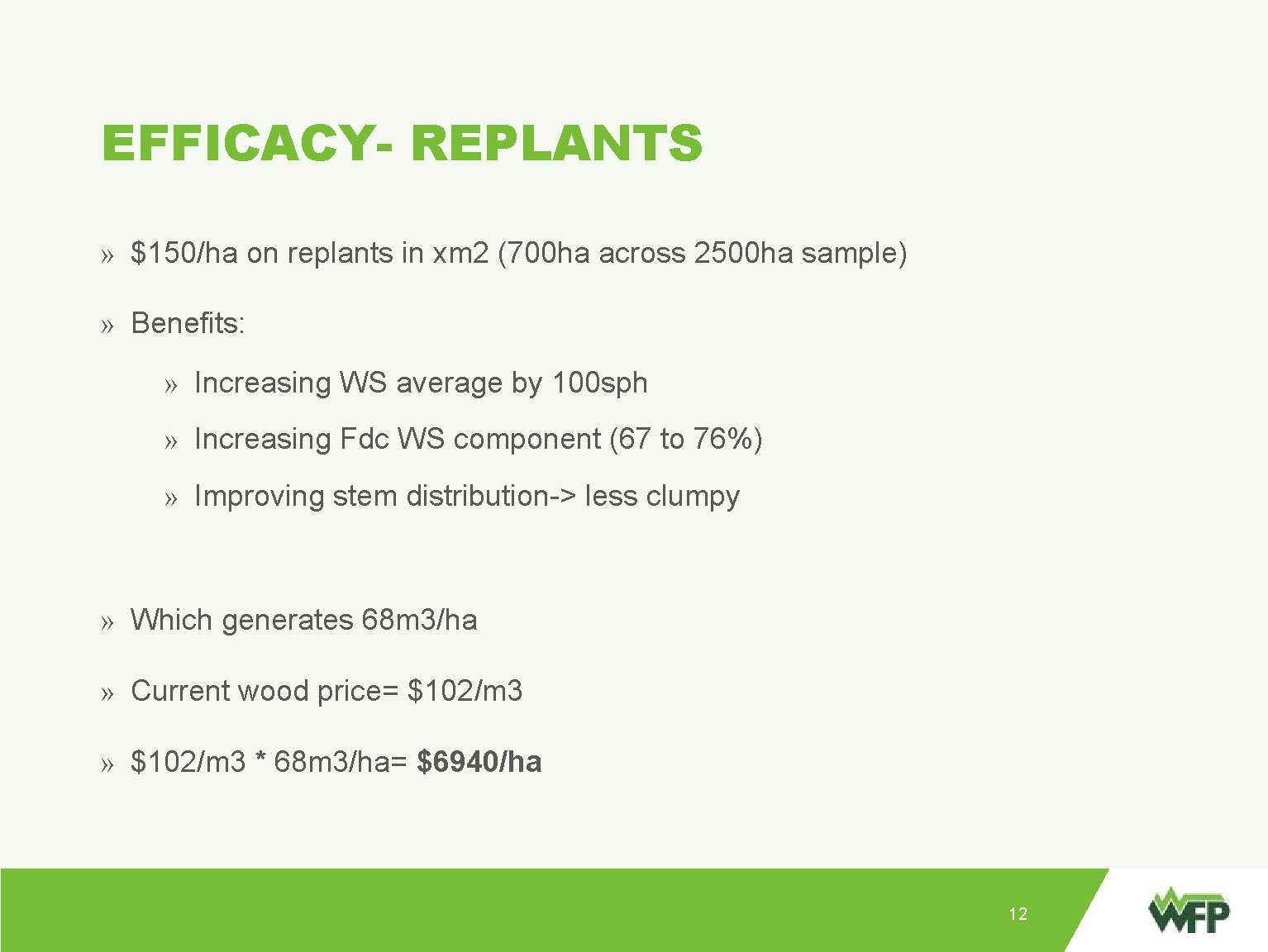 EFFICACY- REPLANTS » $150/ha on replants in xm 2 (700 ha across 2500 ha