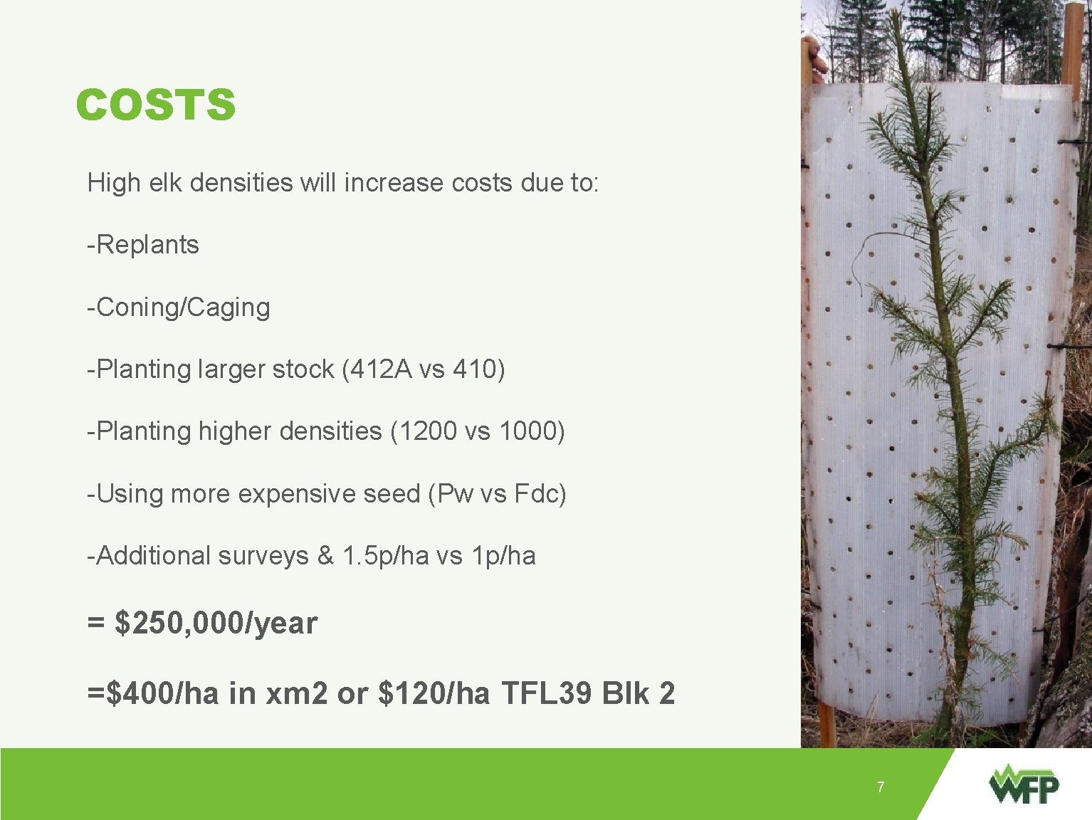 COSTS High elk densities will increase costs due to: -Replants -Coning/Caging -Planting larger stock