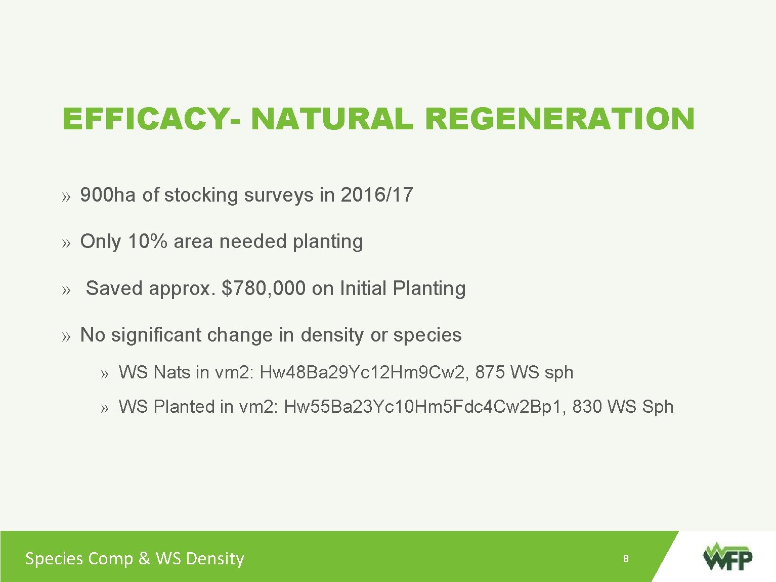 EFFICACY- NATURAL REGENERATION » 900 ha of stocking surveys in 2016/17 » Only 10%