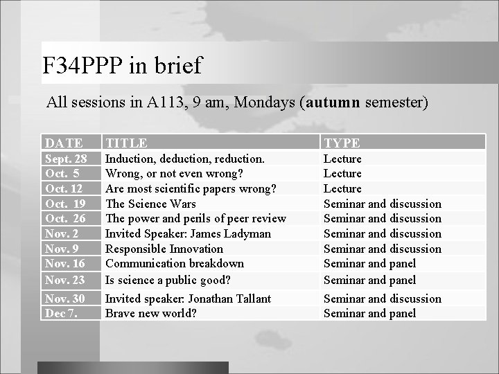 F 34 PPP in brief All sessions in A 113, 9 am, Mondays (autumn