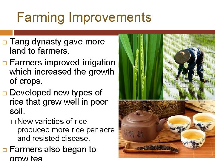 Farming Improvements Tang dynasty gave more land to farmers. Farmers improved irrigation which increased