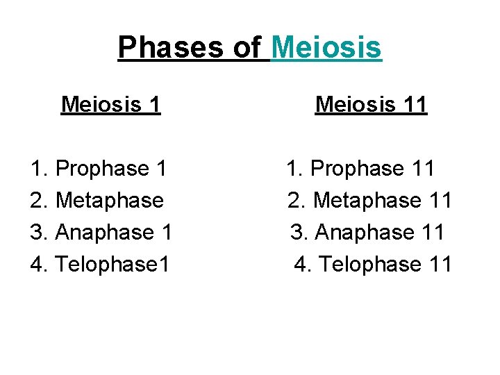 Phases of Meiosis 1 1. Prophase 1 2. Metaphase 3. Anaphase 1 4. Telophase