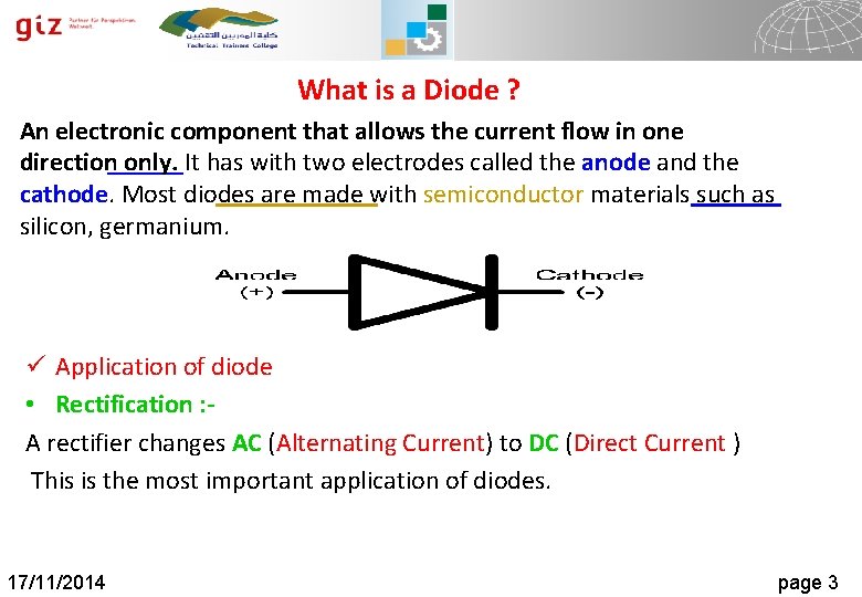 What is a Diode ? An electronic component that allows the current flow in