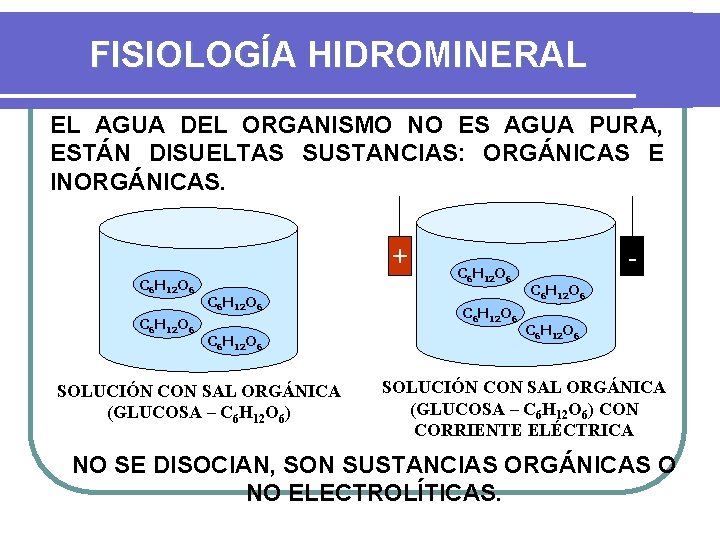 FISIOLOGÍA HIDROMINERAL EL AGUA DEL ORGANISMO NO ES AGUA PURA, ESTÁN DISUELTAS SUSTANCIAS: ORGÁNICAS