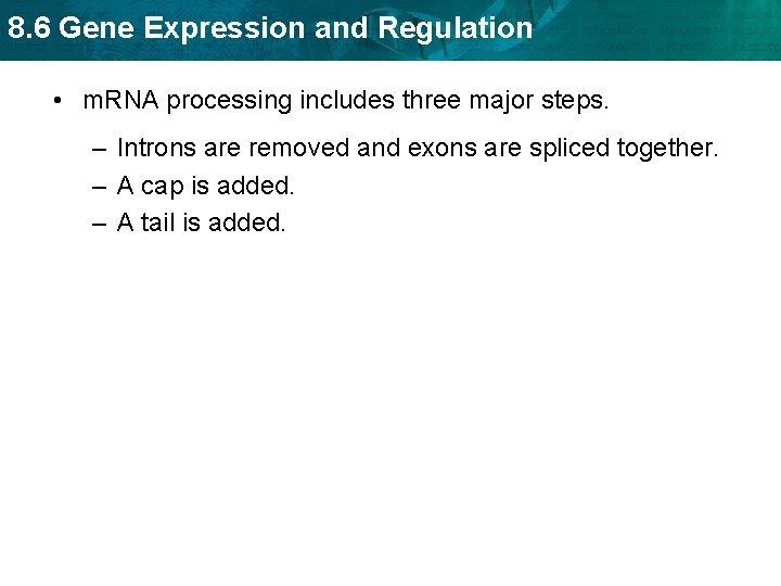 8. 6 Gene Expression and Regulation • m. RNA processing includes three major steps.