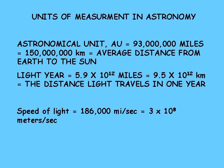 UNITS OF MEASURMENT IN ASTRONOMY ASTRONOMICAL UNIT, AU = 93, 000 MILES = 150,