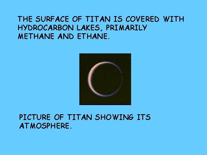 THE SURFACE OF TITAN IS COVERED WITH HYDROCARBON LAKES, PRIMARILY METHANE AND ETHANE. PICTURE