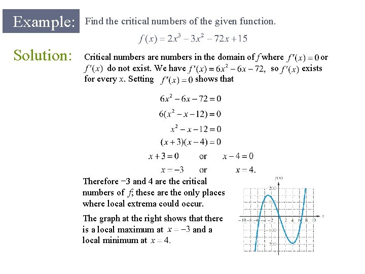 Example: Solution: Find the critical numbers of the given function. Critical numbers are numbers