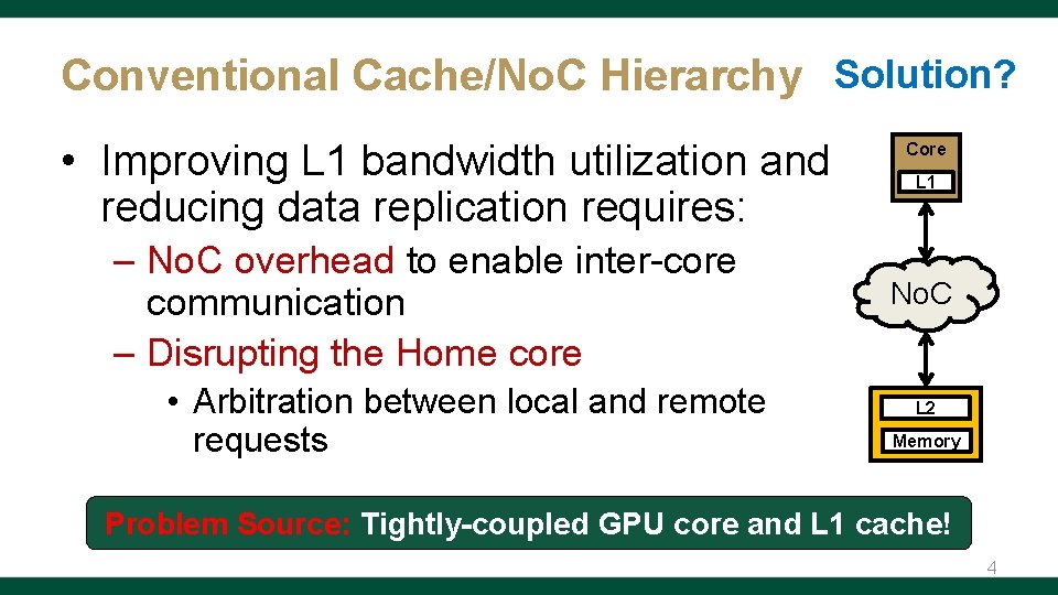 Conventional Cache/No. C Hierarchy Solution? • Improving L 1 bandwidth utilization and reducing data