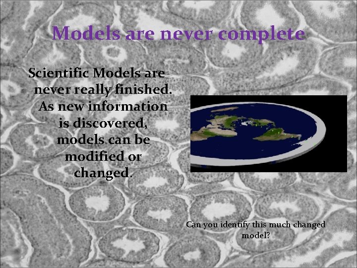 Models are never complete Scientific Models are never really finished. As new information is