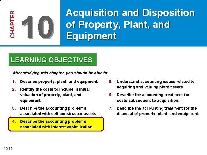 10 Acquisition and Disposition of Property, Plant, and Equipment LEARNING OBJECTIVES After studying this