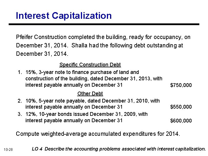 Interest Capitalization Pfeifer Construction completed the building, ready for occupancy, on December 31, 2014.