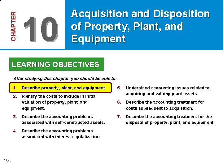 10 Acquisition and Disposition of Property, Plant, and Equipment LEARNING OBJECTIVES After studying this