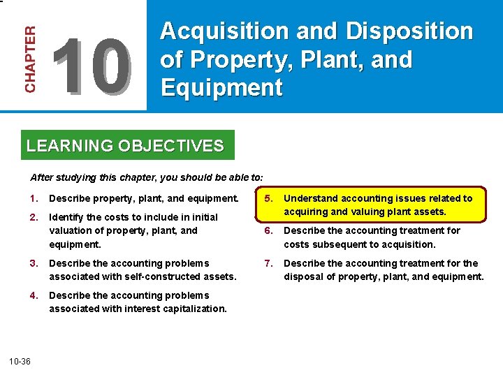 10 Acquisition and Disposition of Property, Plant, and Equipment LEARNING OBJECTIVES After studying this