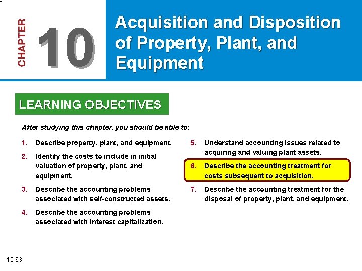 10 Acquisition and Disposition of Property, Plant, and Equipment LEARNING OBJECTIVES After studying this
