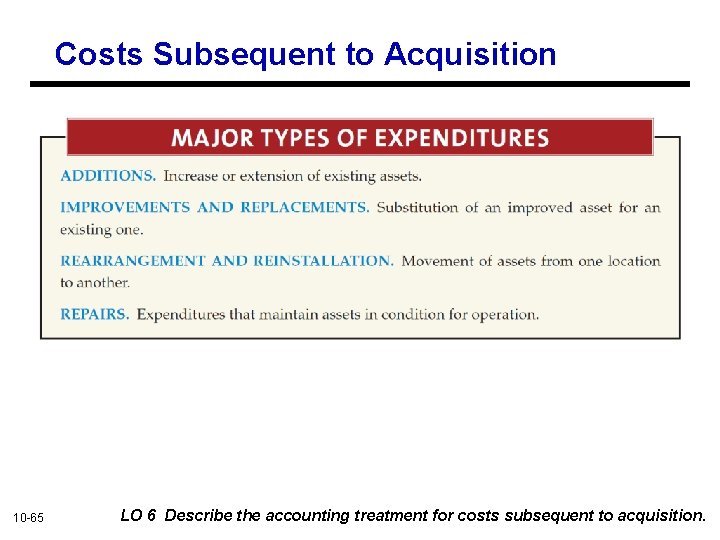 Costs Subsequent to Acquisition 10 -65 LO 6 Describe the accounting treatment for costs