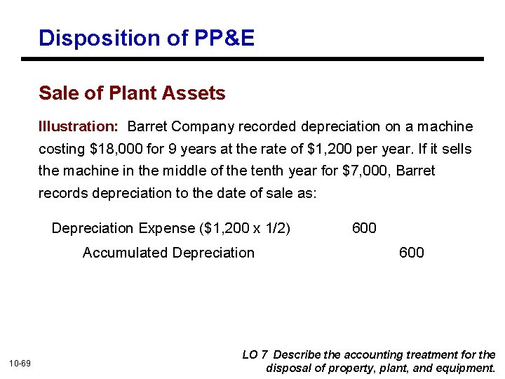 Disposition of PP&E Sale of Plant Assets Illustration: Barret Company recorded depreciation on a