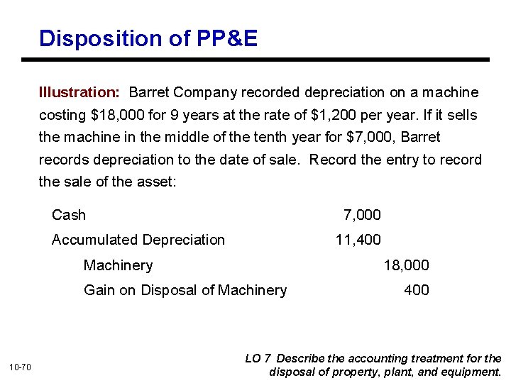 Disposition of PP&E Illustration: Barret Company recorded depreciation on a machine costing $18, 000