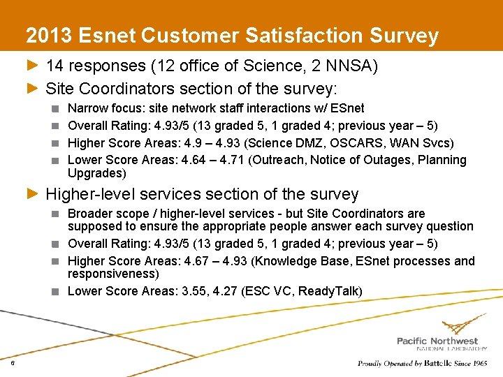 2013 Esnet Customer Satisfaction Survey 14 responses (12 office of Science, 2 NNSA) Site