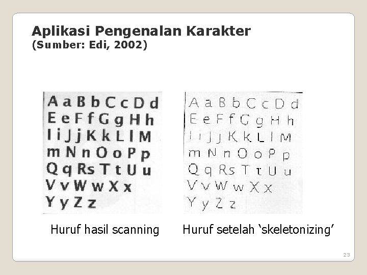 Aplikasi Pengenalan Karakter (Sumber: Edi, 2002) Huruf hasil scanning Huruf setelah ‘skeletonizing’ 23 