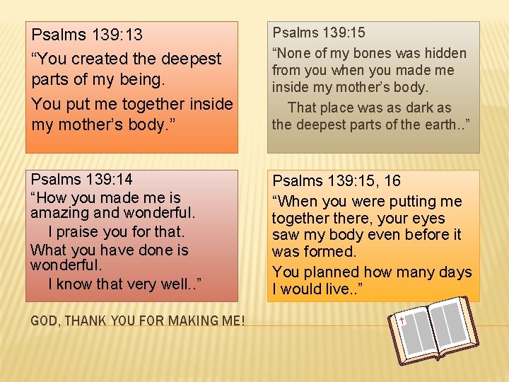 Psalms 139: 13 “You created the deepest parts of my being. You put me