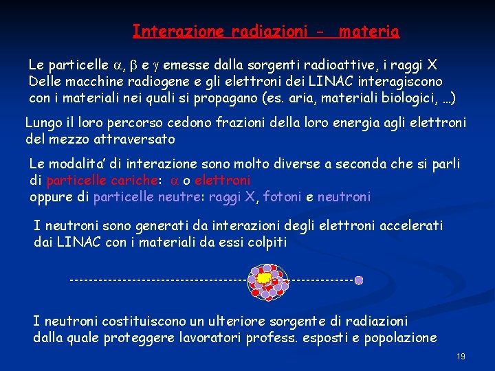 Interazione radiazioni - materia Le particelle , e emesse dalla sorgenti radioattive, i raggi